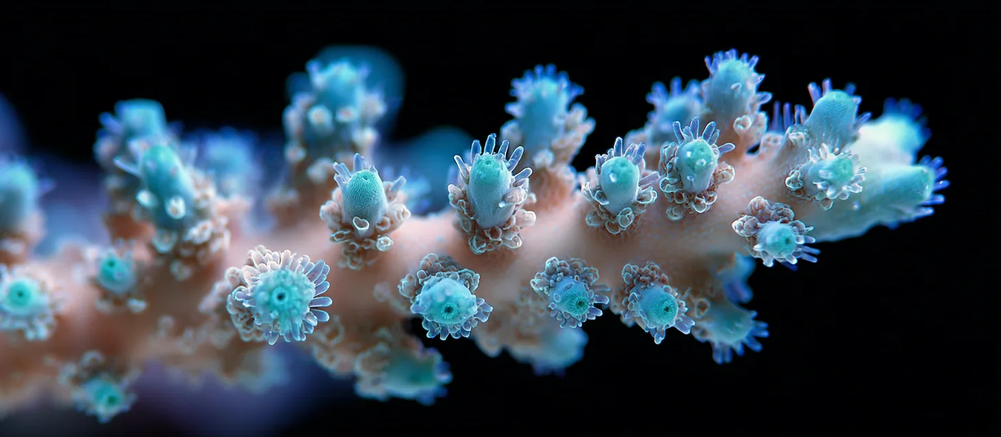 Fluoresoiva Acropora-koralli aktiinisessa valossa